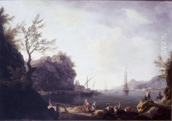 A Mediterranean Coastal Scene With A Frigate Flying The Red Ensign Oil Painting by Thomas Patch