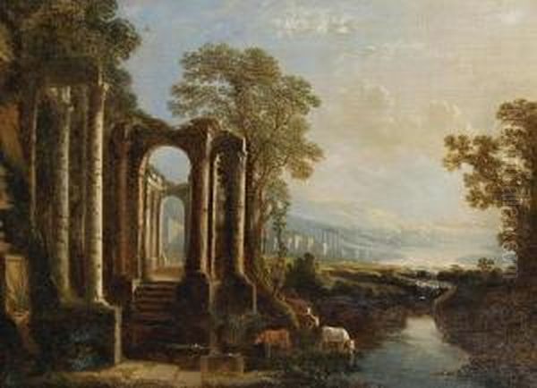 An Italianate Landscape, With Cattle Wateringnear Classical Ruins Oil Painting by Pierre-Antoine Patel