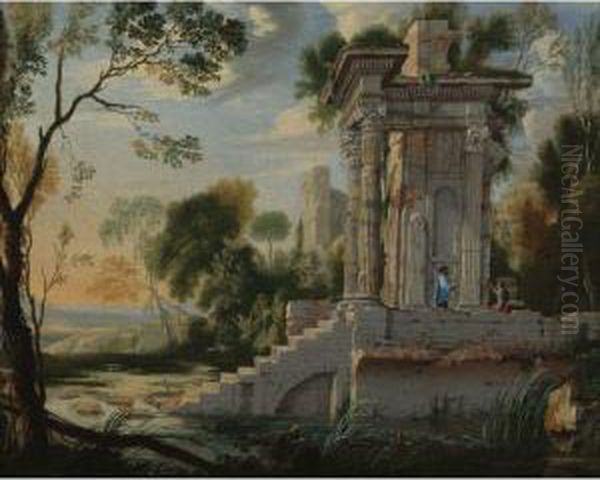 Architectural Capriccio With Figures Resting Oil Painting by Pierre-Antoine Patel