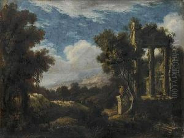 A Wooded Landscape With Figures Beforeruins Oil Painting by Pierre-Antoine Patel