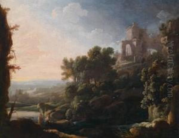 Sudliche Landschaft Mithochgelegenen Ruinen Und Wanderern Oil Painting by Pierre-Antoine Patel