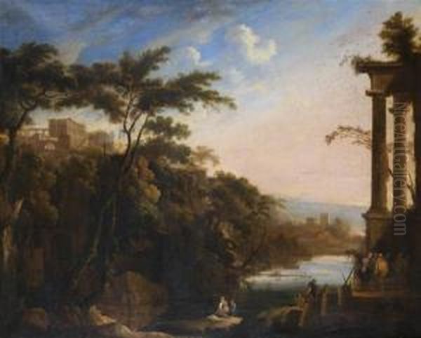 Personnages Descendant 
L'escalier D'un Palais Dans Un Paysage Classique, Le Long D'une Riviere Oil Painting by Pierre-Antoine Patel