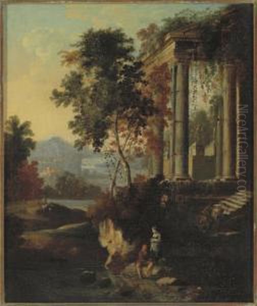 A Woman And A Man Fishing By A Classical Ruin, An Extensive Landscape Beyond Oil Painting by Pierre-Antoine Patel