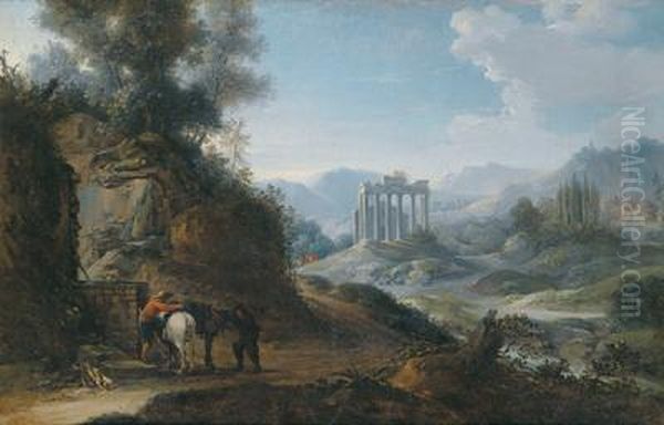 Ampio Paesaggio Con La Rovina Di Un Tempio Romano E Cavalieri In Sosta Presso Un Pozzo Oil Painting by Pierre-Antoine Patel