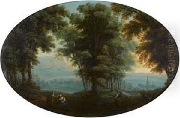 Repos Des Bergers Dans Une Clairiere Devant Une Vallee Oil Painting by Pierre-Antoine Patel