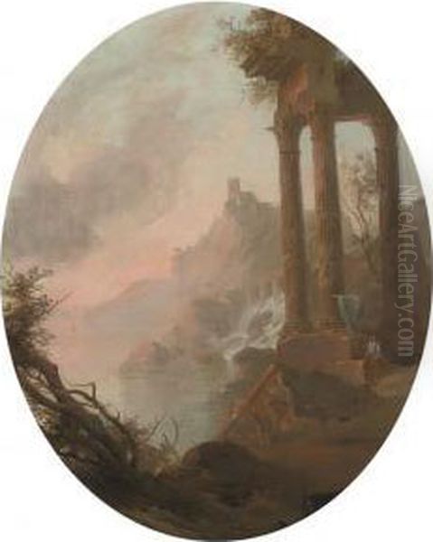 A Rocky River Landscape With Figures Beneath A Classical Ruin Oil Painting by Pierre-Antoine Patel