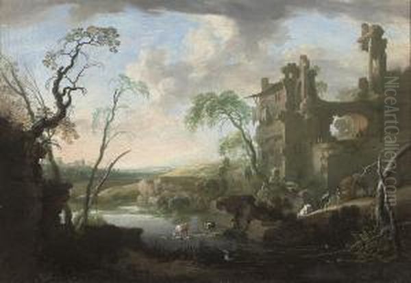 An Italianate Landscape With Drovers And Their Herd By Ariver Oil Painting by Pierre-Antoine Patel