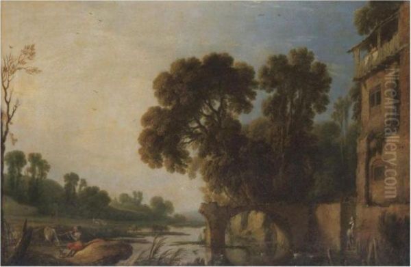 A Classical River Landscape With A Piper Playing In The Foreground Oil Painting by Pierre-Antoine Patel