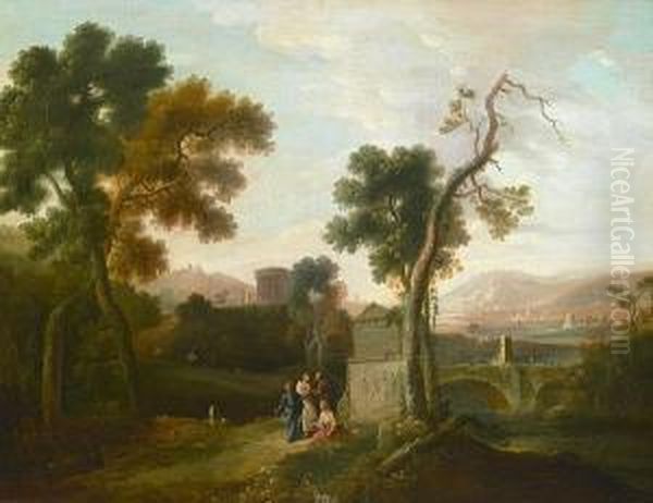 A Classical Landscape With Figures By Amonument On A Path In The Foreground Oil Painting by Pierre-Antoine Patel