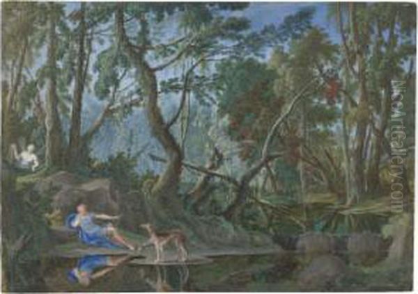 A Wooded Landscape With Narcissus And Echo Oil Painting by Pierre-Antoine Patel