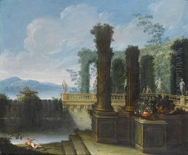 A Capriccio Of A Palace Garden 
With Elegant Figures At A Balustrade Decorated With Antique Statues Oil Painting by Pierre-Antoine Patel