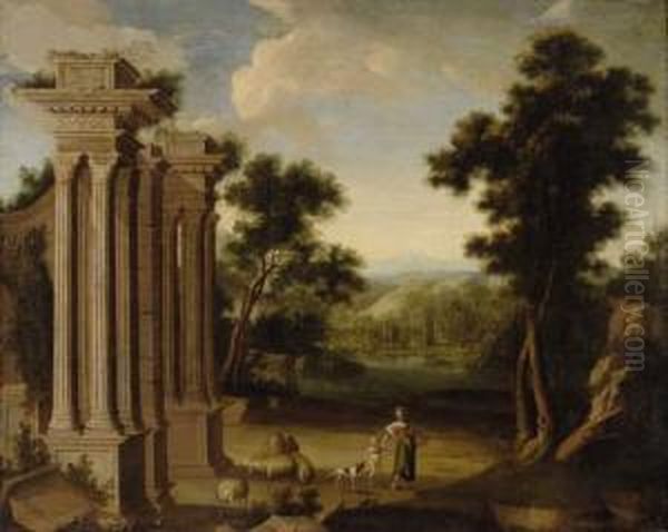 Attr. A, Bergere Et Troupeau Pres D'un Portique En Ruine, Dans Unpaysage Lacustre Oil Painting by Pierre-Antoine Patel