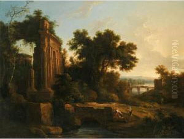 An Italianate Landscape With Classical Ruins And Figures Conversing By A Bridge Oil Painting by Pierre-Antoine Patel