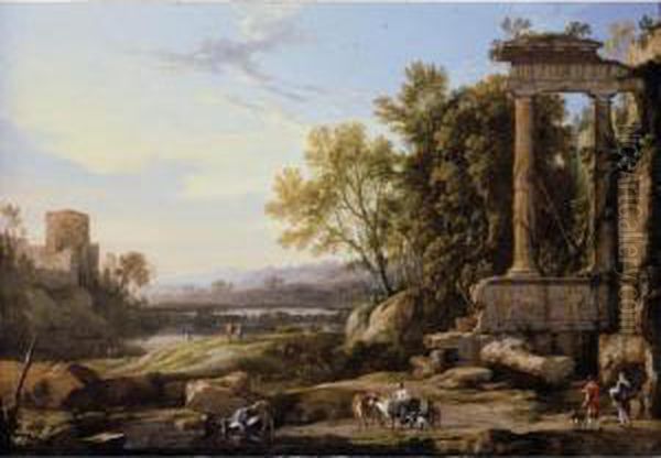 An Italianate Landscape With A Cattle Herder And Other Figures Below Roman Ruins Oil Painting by Pierre-Antoine Patel