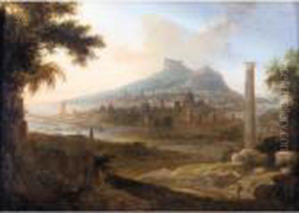 Extensive Classical Landscape, With Figures In The Foreground And A Port Beyond Oil Painting by Pierre-Antoine Patel