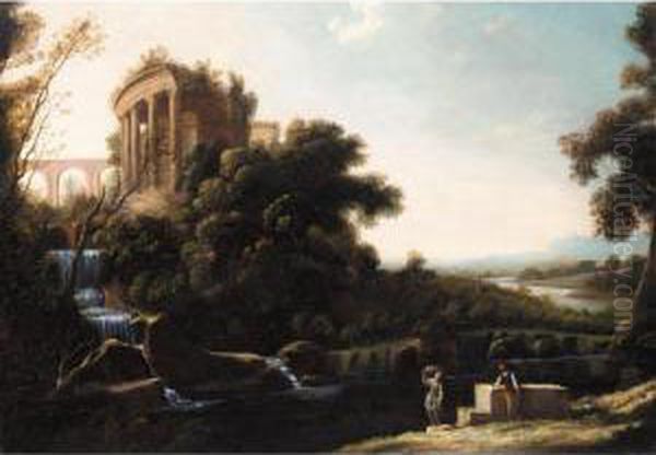 A River Landscape With Figures 
Resting Beneath A Capriccio View Of The Temple Of Vesta At Tivoli Oil Painting by Pierre-Antoine Patel