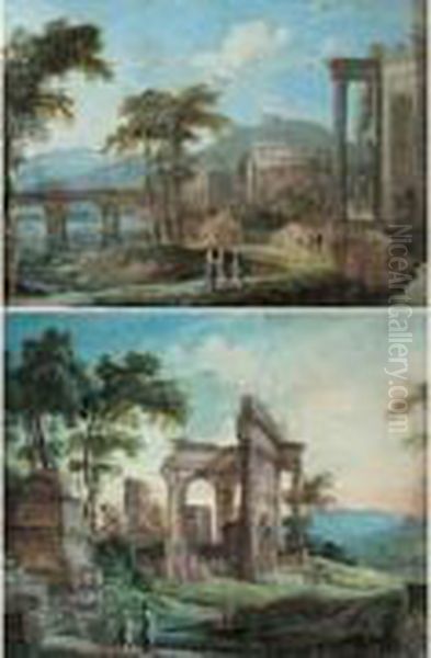 Paysage S Panoramiques Animes De Personnages Et De Temples Antiques Oil Painting by Pierre-Antoine Patel