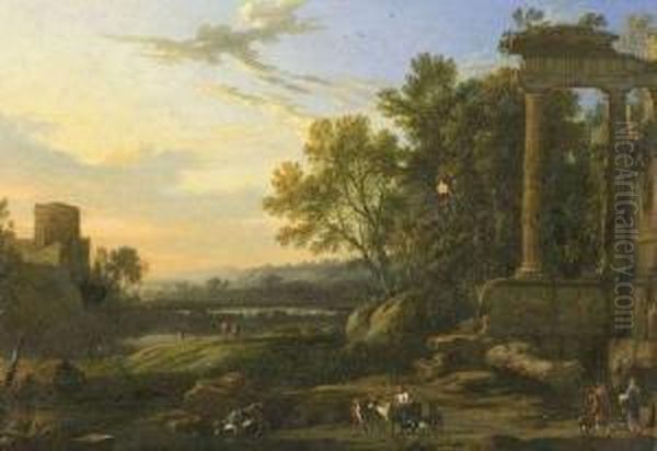 Figures And Livestock In A Pastoral Landscape With Ruins Oil Painting by Pierre-Antoine Patel