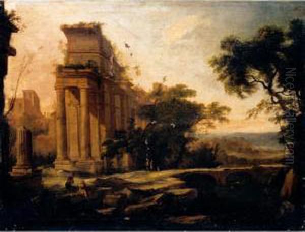 A Classical Landscape With Ruins And Figures In The Foreground Oil Painting by Pierre-Antoine Patel