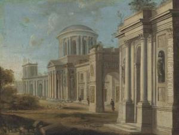 Figures Before An Architectural Capriccio Oil Painting by Pierre-Antoine Patel