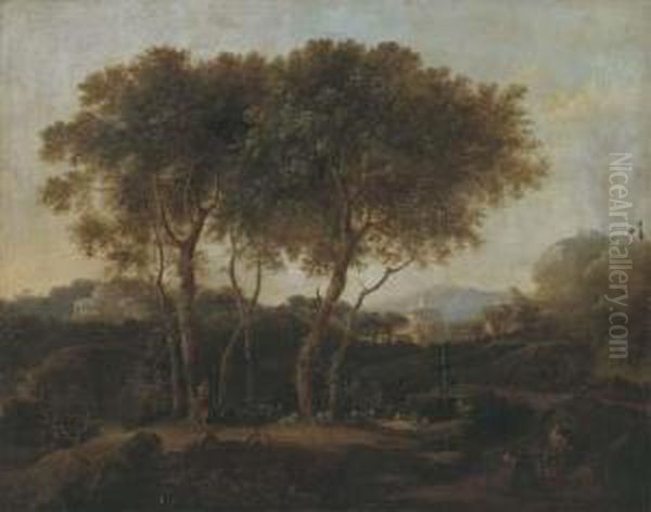 A Classical Wooded Landscape With A Goatherd And His Flock Oil Painting by Pierre-Antoine Patel