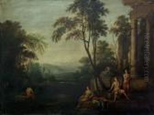 An Arcadian Landscape With Maidens Resting Before A Temple Ruin Oil Painting by Pierre-Antoine Patel