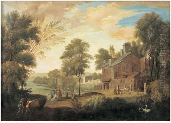 Promeneurs Et Paysans Au Bord D'un Lac Oil Painting by Pierre-Antoine Patel