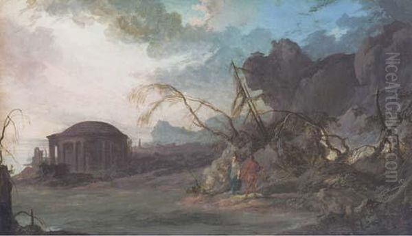 A Classical Temple By The Sea With Two Figures In Theforeground Oil Painting by Pierre-Antoine Patel