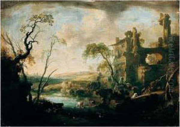 An Italianate Landscape, With Cows And Figures By A Pool Oil Painting by Pierre-Antoine Patel