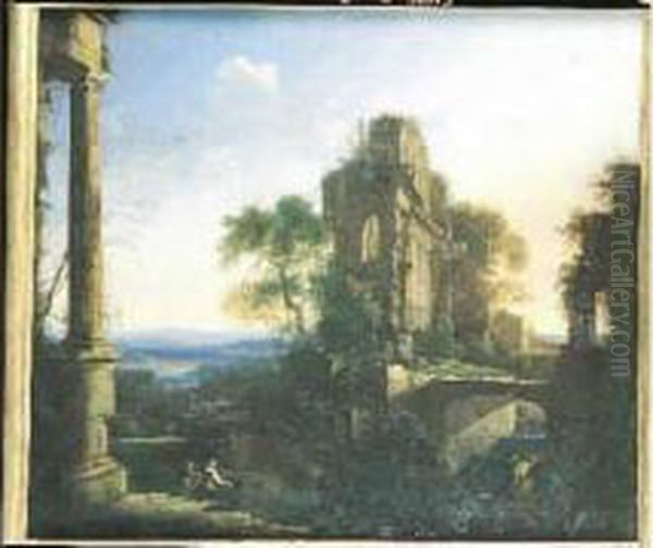 Le Jeune . Paysage Imaginaire De Ruines De Temples Antiques Anime De Personnages. Toile Oil Painting by Pierre-Antoine Patel