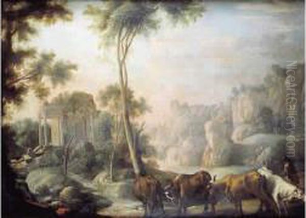 Berger Avec Son Troupeau Dans Un Paysage De Ruines. Oil Painting by Pierre-Antoine Patel