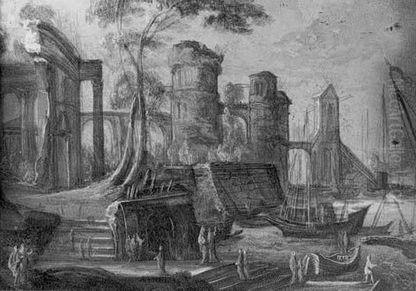 Ruines Devant Un Port Anime Oil Painting by Pierrele Bon I Patel