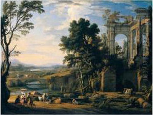 A Classical Landscape With 
Drovers And Animals Resting On The Banks Of A River Before A Set Of 
Ruins, Animals And Figures Crossing A Bridge Beyond Oil Painting by Pierrele Bon I Patel