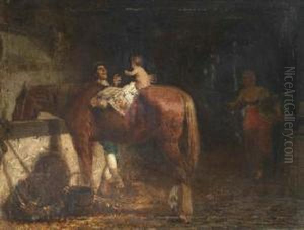 La Prima Lezione D'equitazione Oil Painting by Teofilo Patini