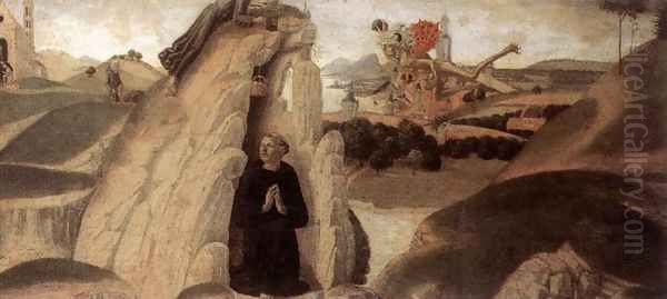 Three Episodes from the Life of St Benedict (1) 1475 Oil Painting by Neroccio (Bartolommeo) De' Landi