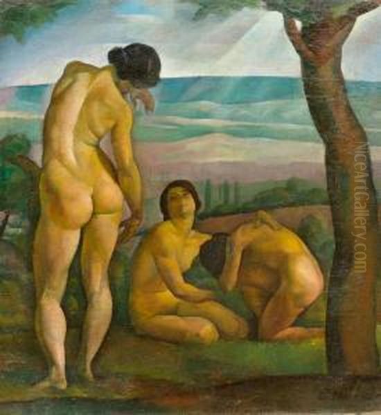 Three Women In Paradise. Oil Painting by Karoly Patko