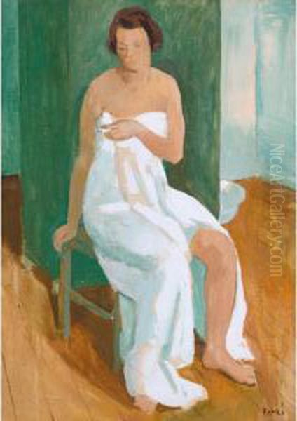 Nude Cloaked In A White Cloth Oil Painting by Karoly Patko