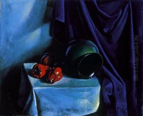 Still Life With Blue Drapery Oil Painting by Karoly Patko