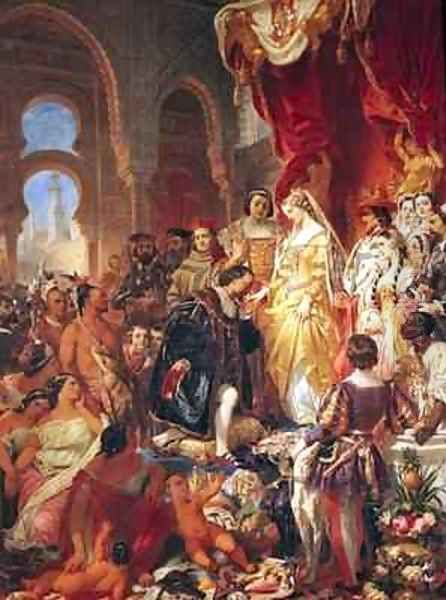 The Reception of Christopher Columbus 1450-1506 by Ferdinand II 1452-1516 of Aragon and Isabella 1451-1504 of Castille Oil Painting by Eugene Francois Marie Joseph Deveria