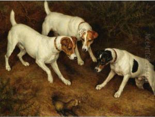 Not At Home: Cracknell, Olive And Jack Russell On A Ferret Oil Painting by Frank Paton