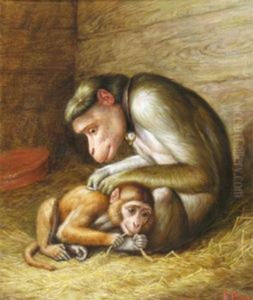 Monkeys In A Barn Oil Painting by Frank Paton