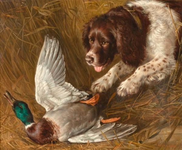 Hunting Dog Ambushing A Duck Oil Painting by Frank Paton