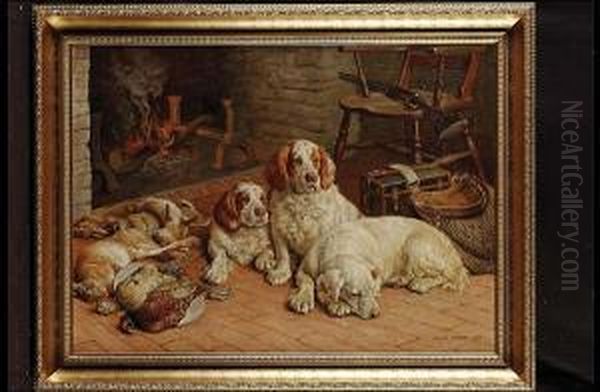 Clumber Spaniels By A Fire Oil Painting by Frank Paton