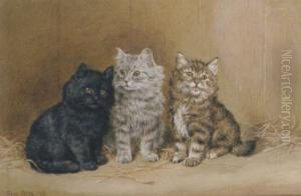 Three Kittens In A Barn Oil Painting by Frank Paton