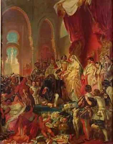 Christopher Columbus 1450-1506 Before Ferdinand II 1452-1516 of Aragon and Isabella 1451-1504 of Castille Oil Painting by Eugene Francois Marie Joseph Deveria