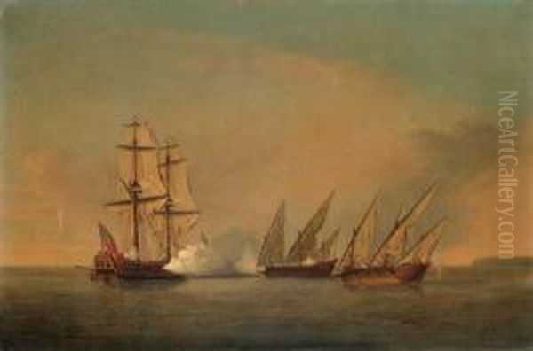 An English Privateer In Action With Two Armed French Galleys In The Mediterranean Oil Painting by Richard Paton