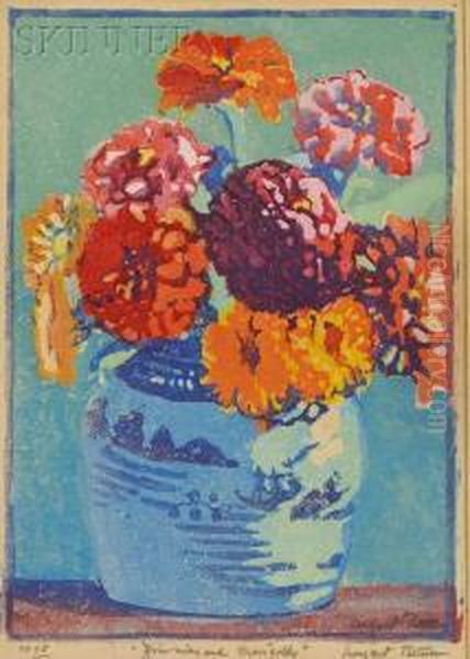 Zinnias And Marigolds Oil Painting by Margaret Jordan Patterson