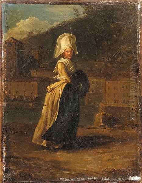 'La Coquette' A Lady walking by a River Oil Painting by Henri Pierre Danloux