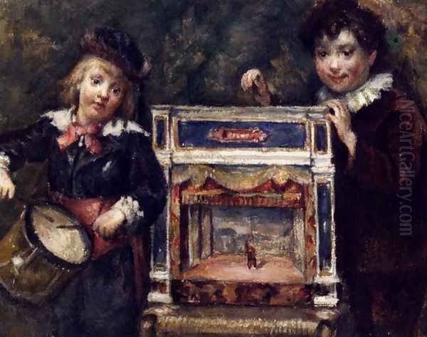 Portrait Of The Artist's Two Sons With Their Puppet Theatre Oil Painting by Marcellin Desboutin