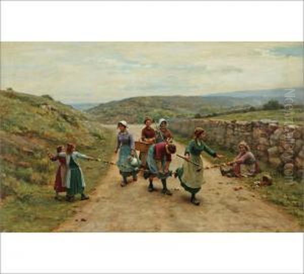 Bretonne Children Playing On A Village Road Oil Painting by Cesar Pattein